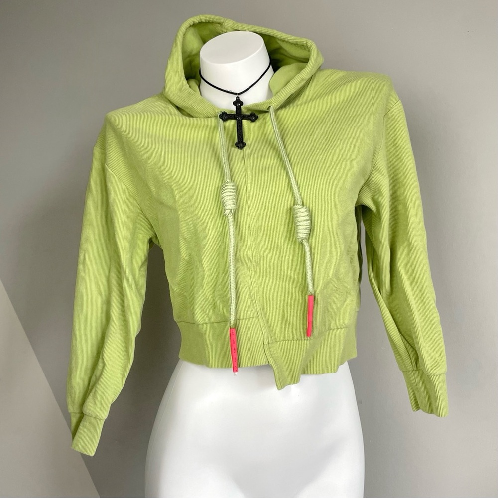 Harajuku Green Asymmetrical Cropped Hoodie With Rope Details